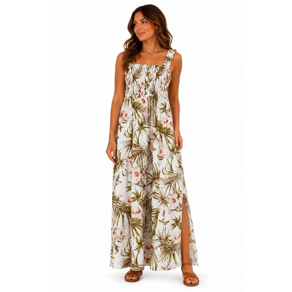Love Tree Tropical Floral Maxi Dress White Palm Leaf Smocked Boho Size L